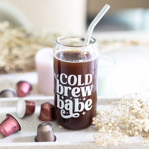 Cold Brew Babe: Iced Coffee Glass with Bamboo Lids and Glass Straw