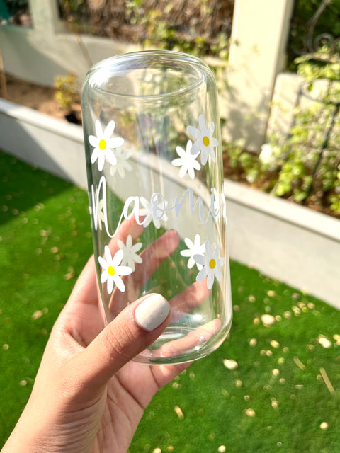 Personalised Daisy: Iced Coffee Glass with Bamboo Lids and Glass Straw