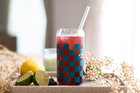 Teal Checker: Iced Coffee Glass with Bamboo Lids and Glass Straw