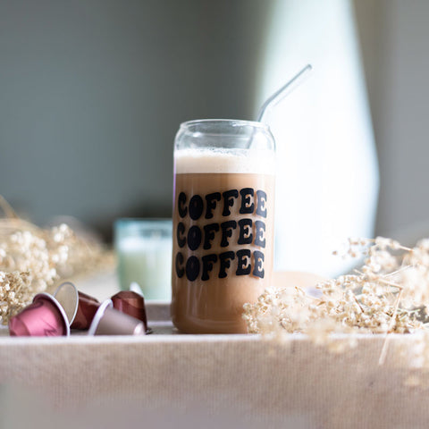 Coffee Print: Iced Coffee Glass with Bamboo Lids and Glass Straw