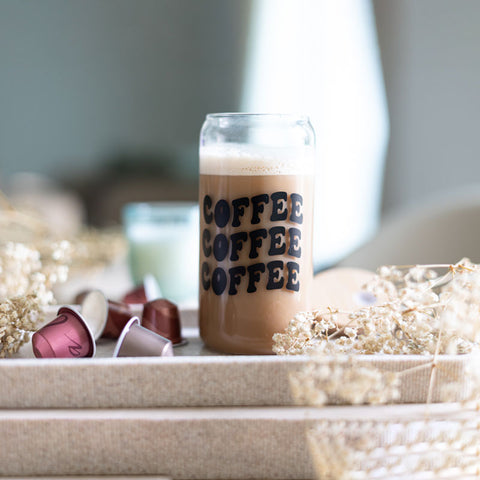 Coffee Print: Iced Coffee Glass with Bamboo Lids and Glass Straw