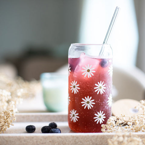 Daisy: Iced Coffee Glass with Bamboo Lids and Glass Straw