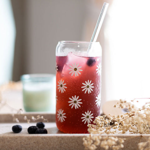 Daisy: Iced Coffee Glass with Bamboo Lids and Glass Straw