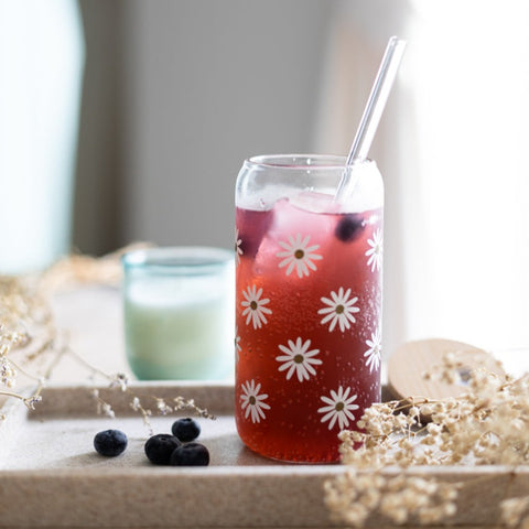Daisy: Iced Coffee Glass with Bamboo Lids and Glass Straw
