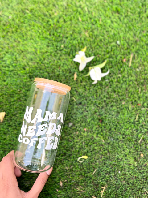 Mama Needs Coffee: Iced Coffee Glass with Bamboo Lids and Glass Straw