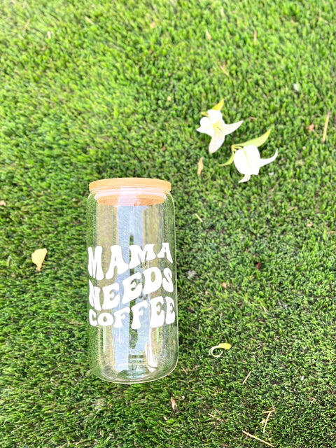 Mama Needs Coffee: Iced Coffee Glass with Bamboo Lids and Glass Straw