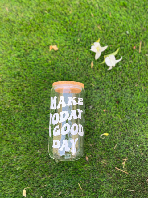 Make Today a Good Day: Iced Coffee Glass with Bamboo Lids and Glass Straw