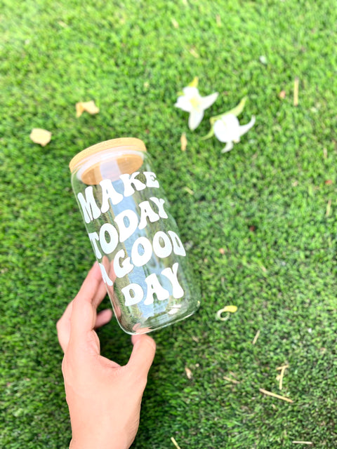 Make Today a Good Day: Iced Coffee Glass with Bamboo Lids and Glass Straw